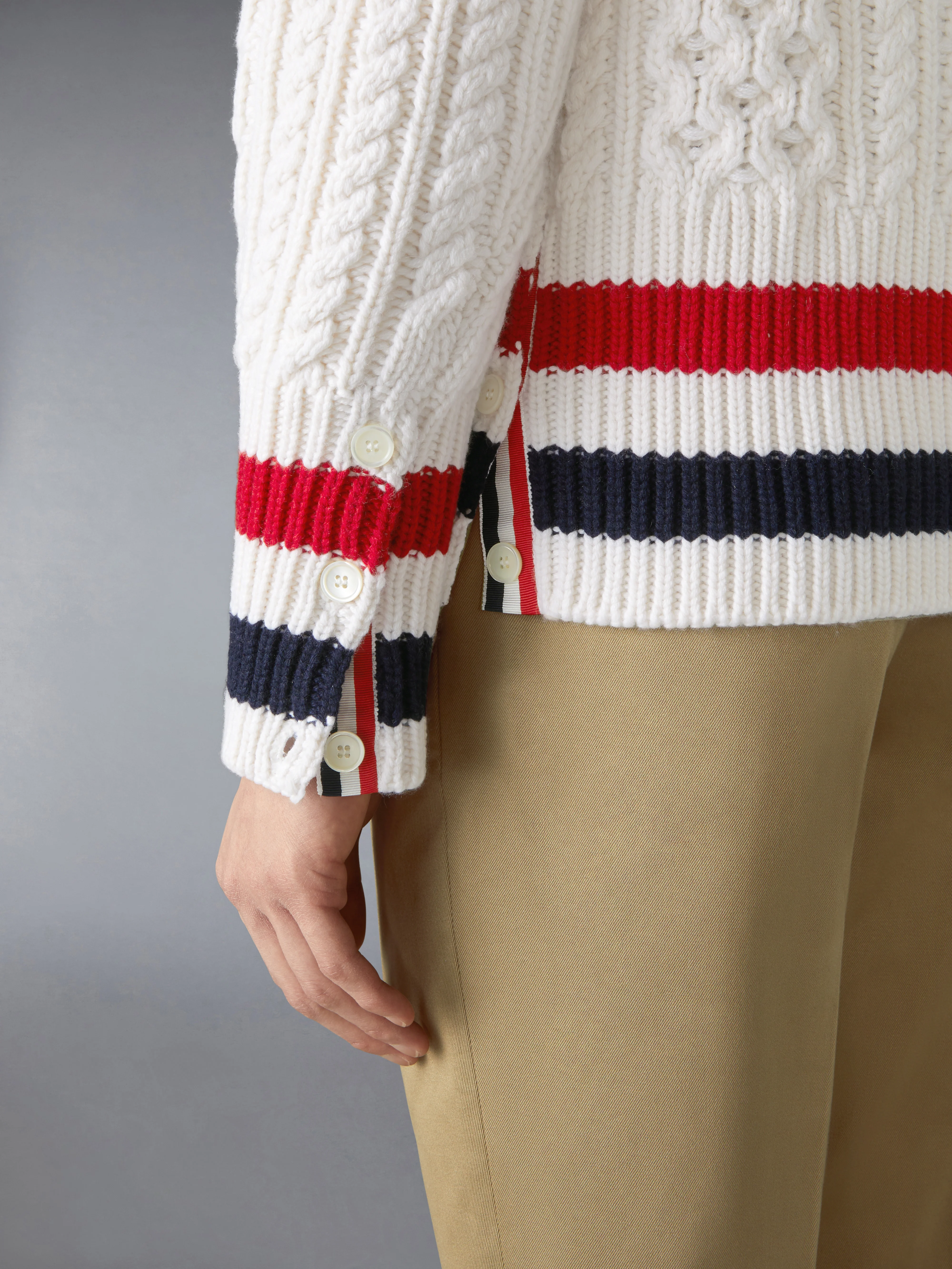 ARAN CABLE CASHMERE RWB STRIPE CARDIGAN - Image 5