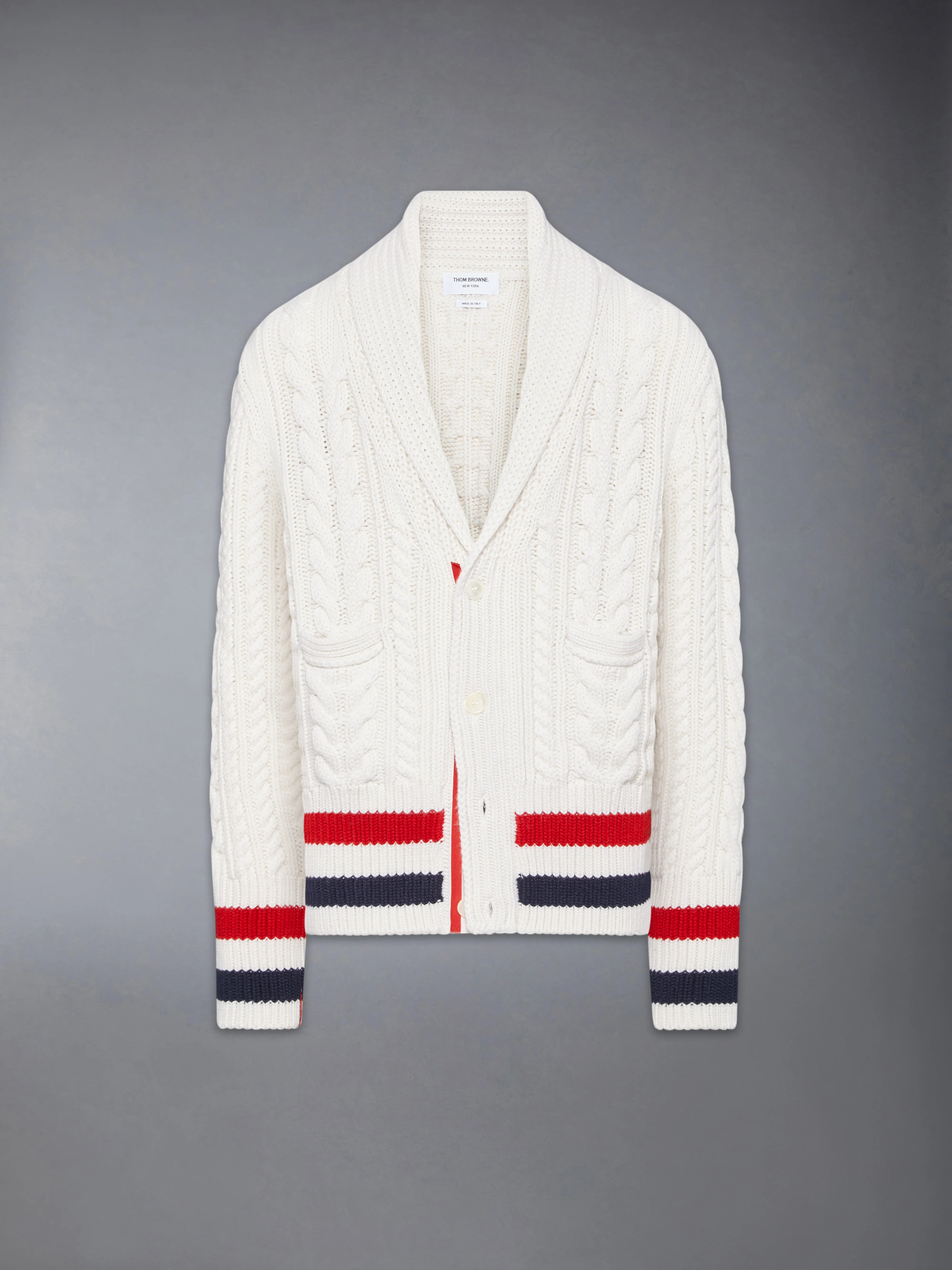 ARAN CABLE CASHMERE RWB STRIPE CARDIGAN - Image 6