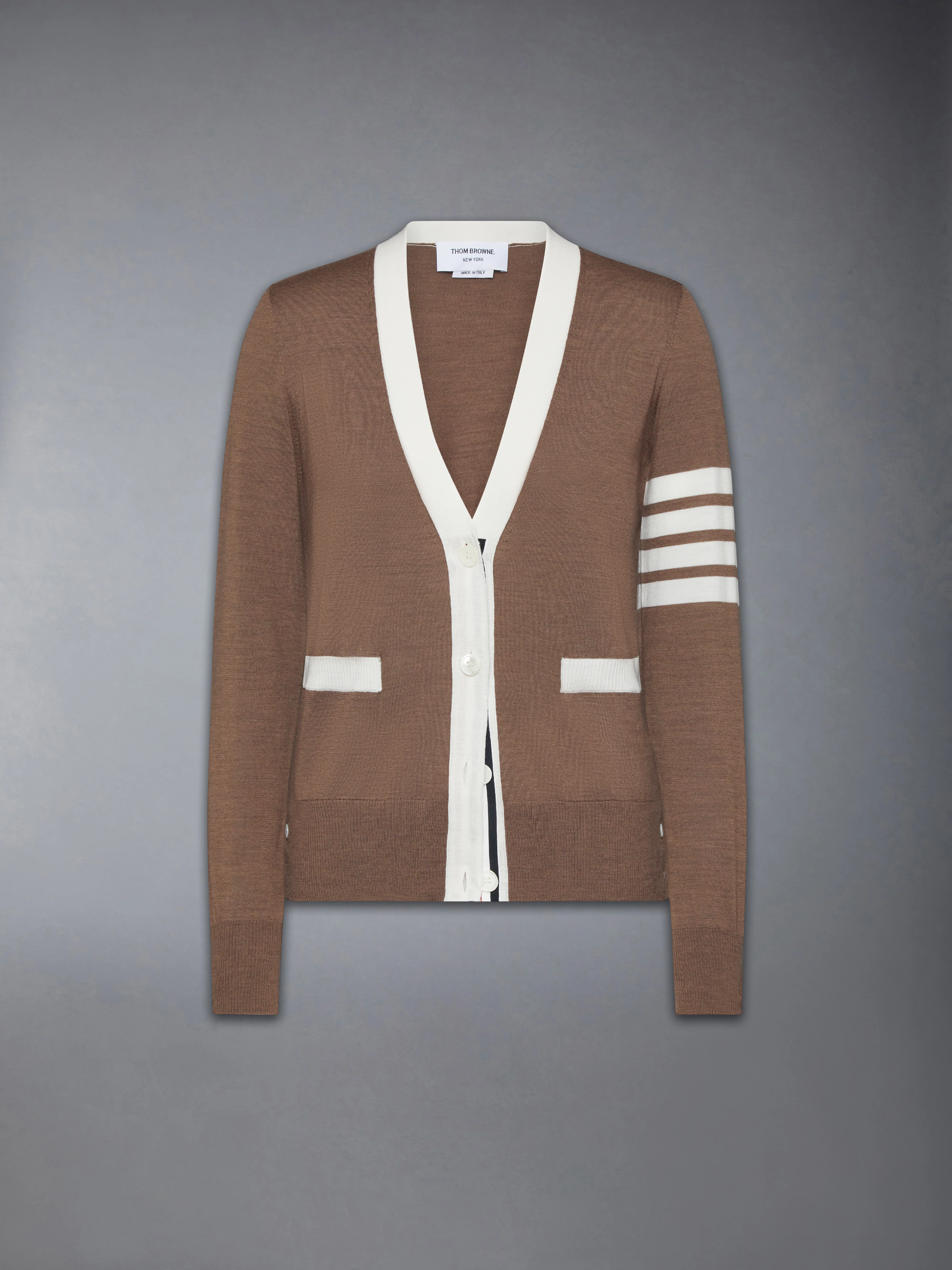 FINE MERINO WOOL 4-BAR V NECK CARDIGAN - Image 7