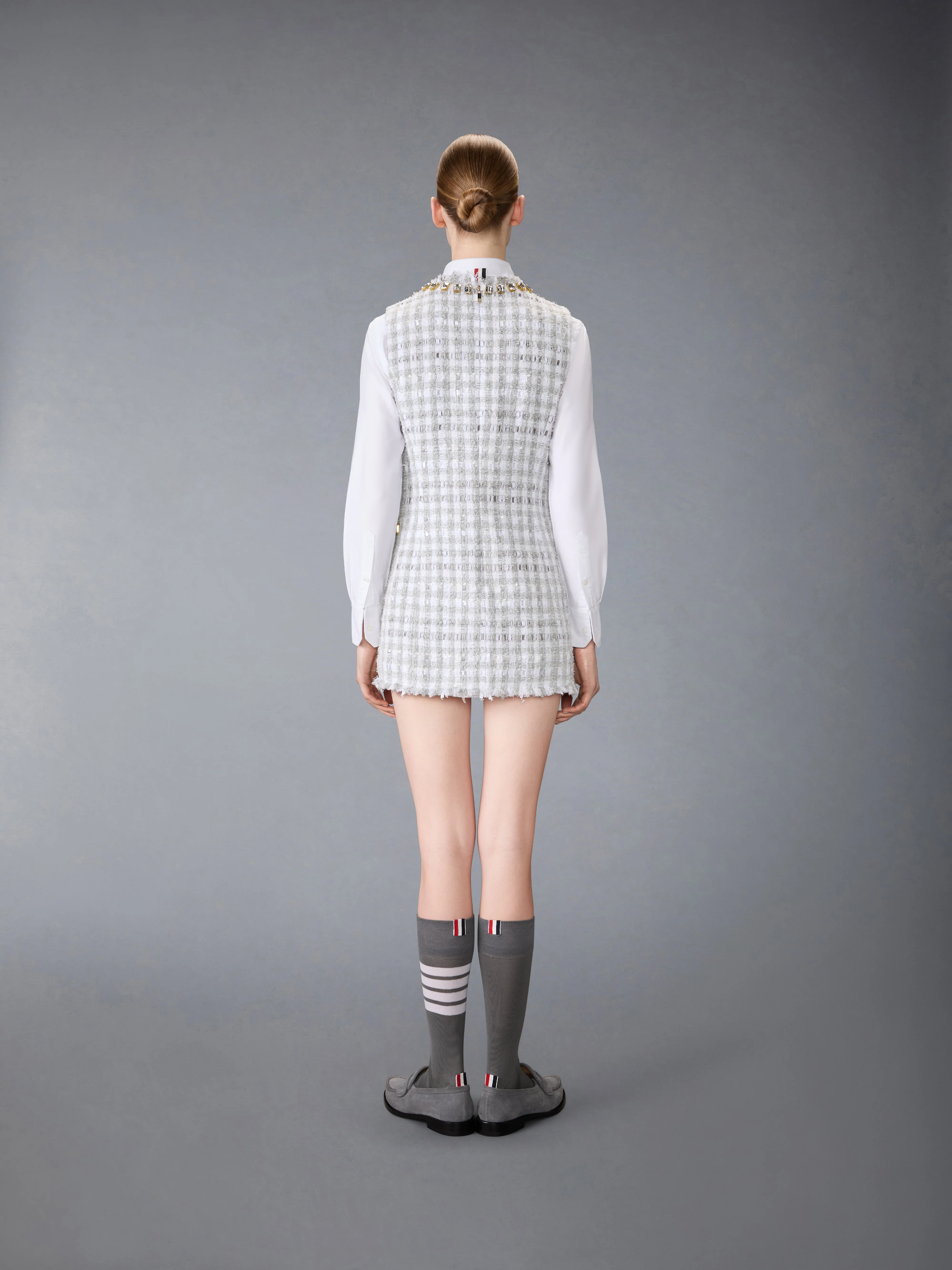 GINGHAM SATIN RIBBON TWEED MINI PENCIL DRESS WITH SWAROVSKI CRYSTAL - Image 5