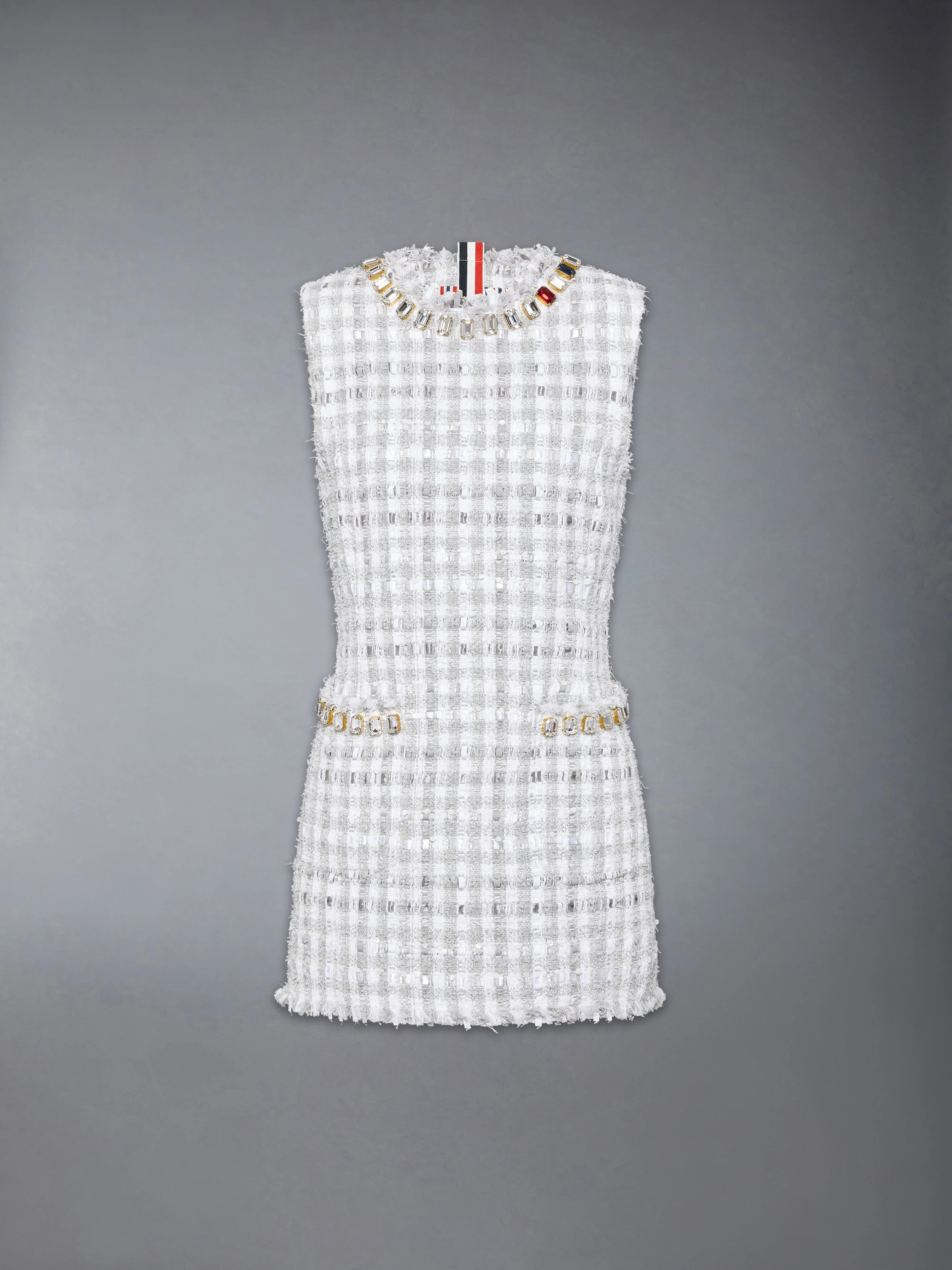 GINGHAM SATIN RIBBON TWEED MINI PENCIL DRESS WITH SWAROVSKI CRYSTAL - Image 8