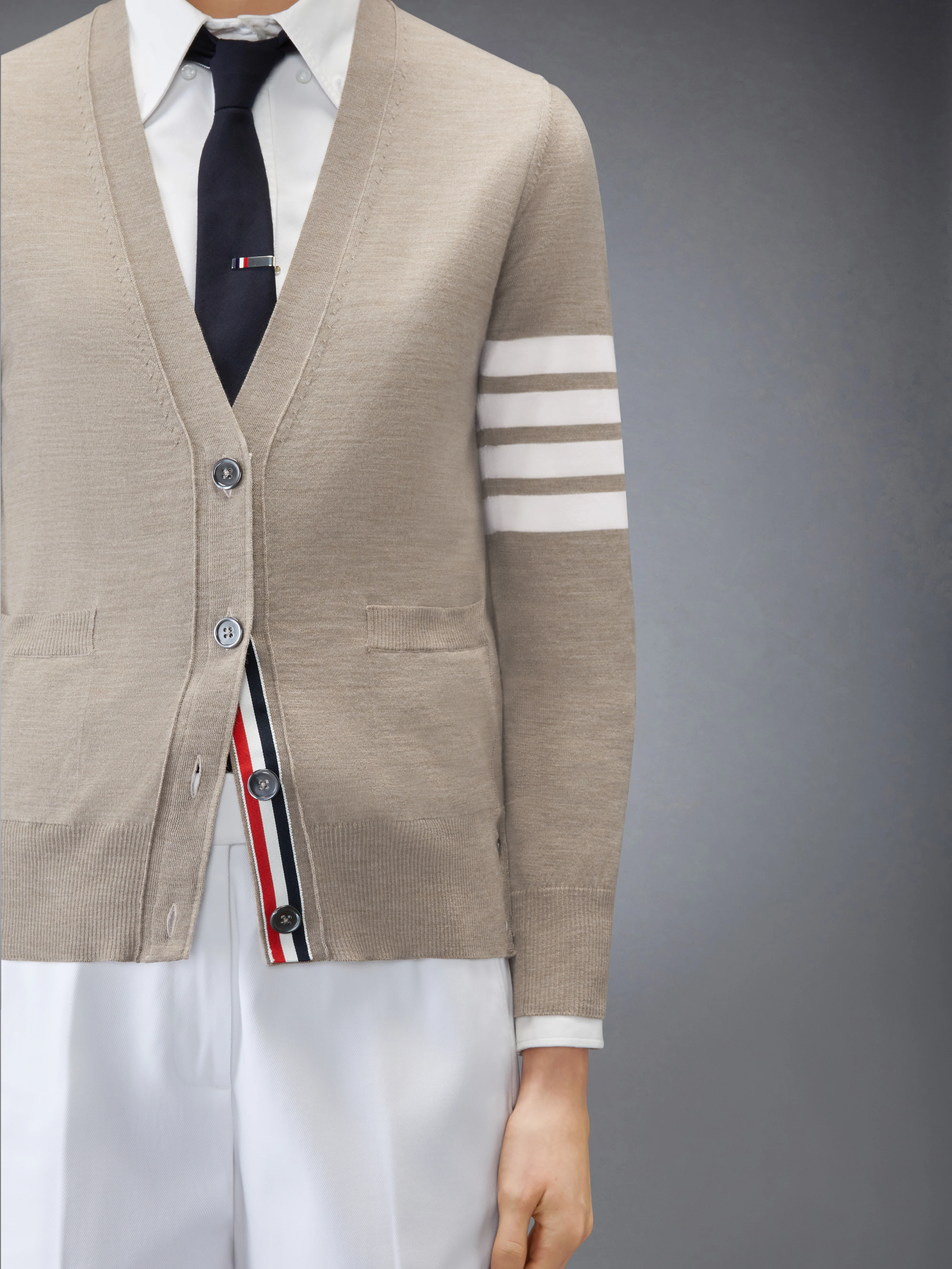 MERINO WOOL 4-BAR RELAXED FIT V-NECK CARDIGAN - Image 5
