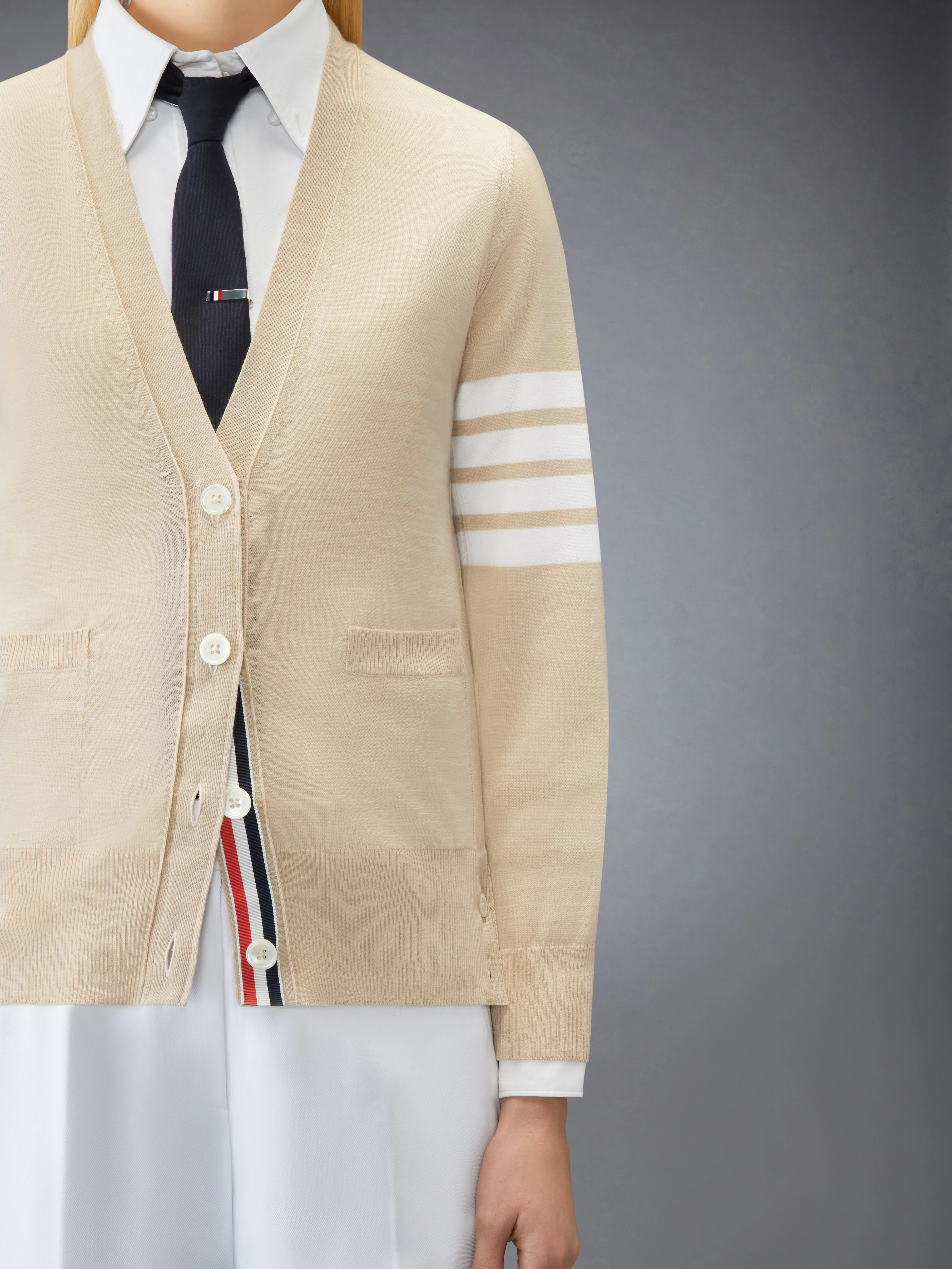 MERINO WOOL 4-BAR RELAXED FIT V-NECK CARDIGAN - Image 5