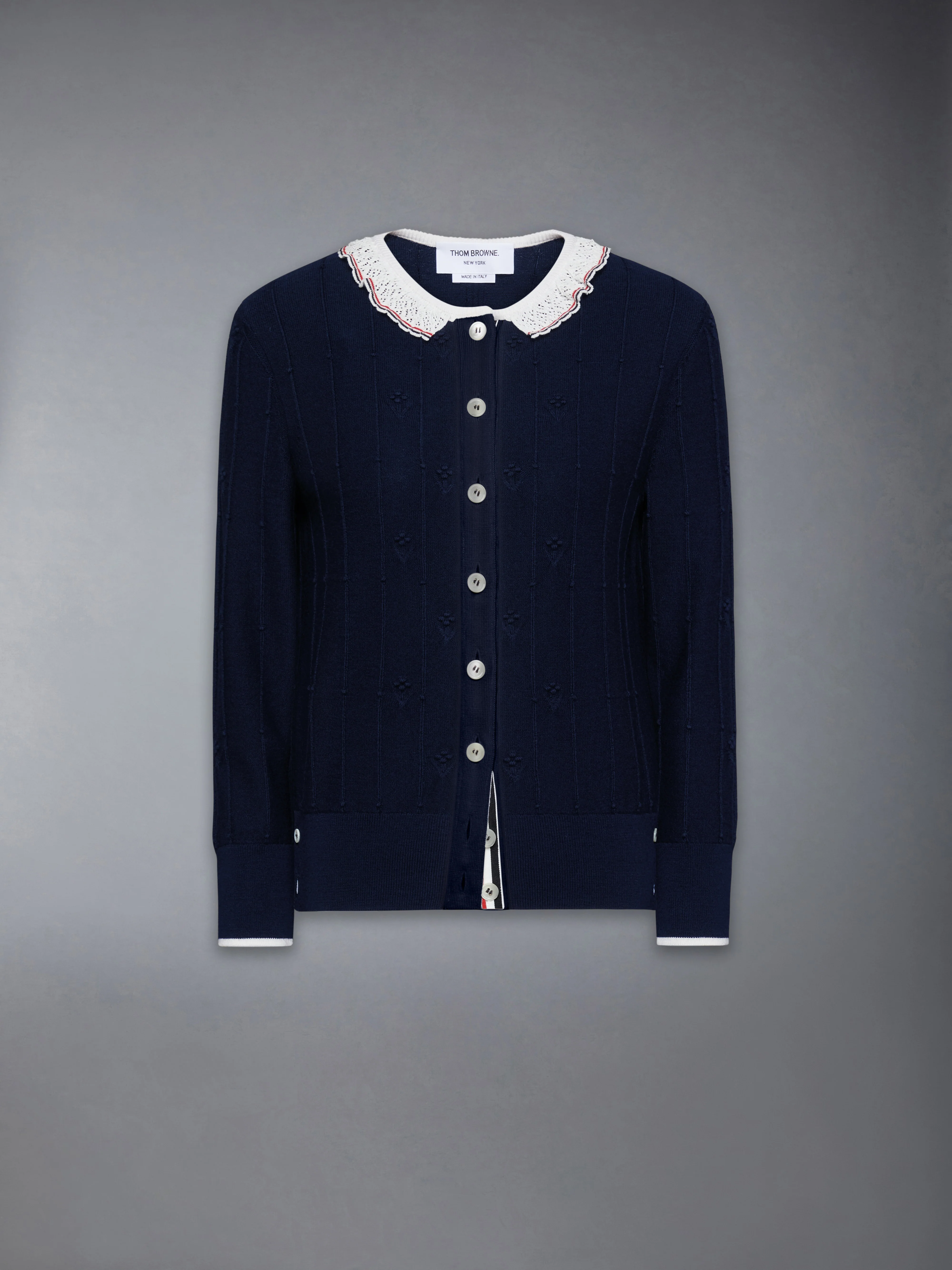 MERINO WOOL BOBBLE STITCH LACE TRIM CARDIGAN - Image 6