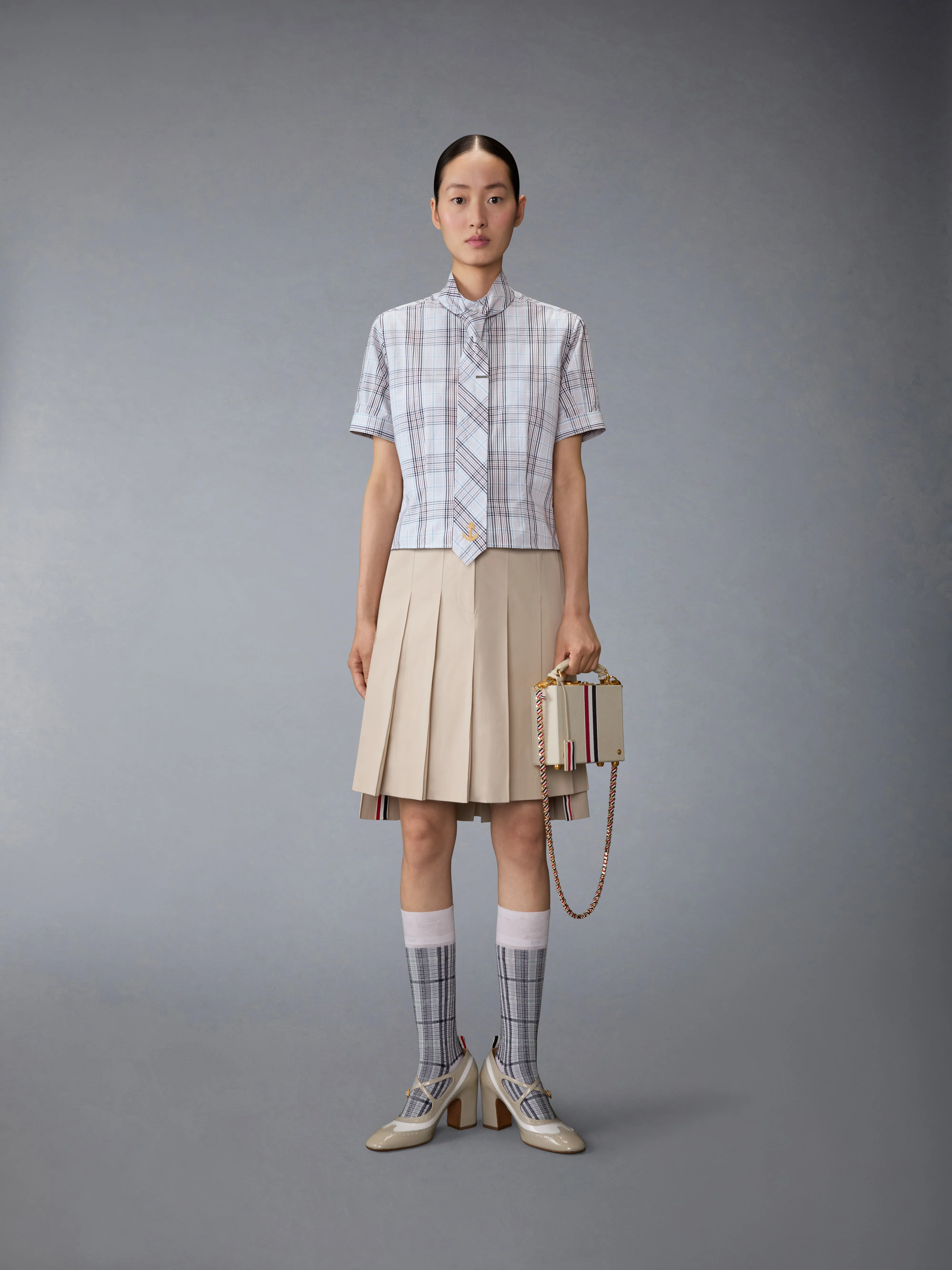 PLAID CHECK POPLIN TIE COLLAR BLOUSE - Image 3