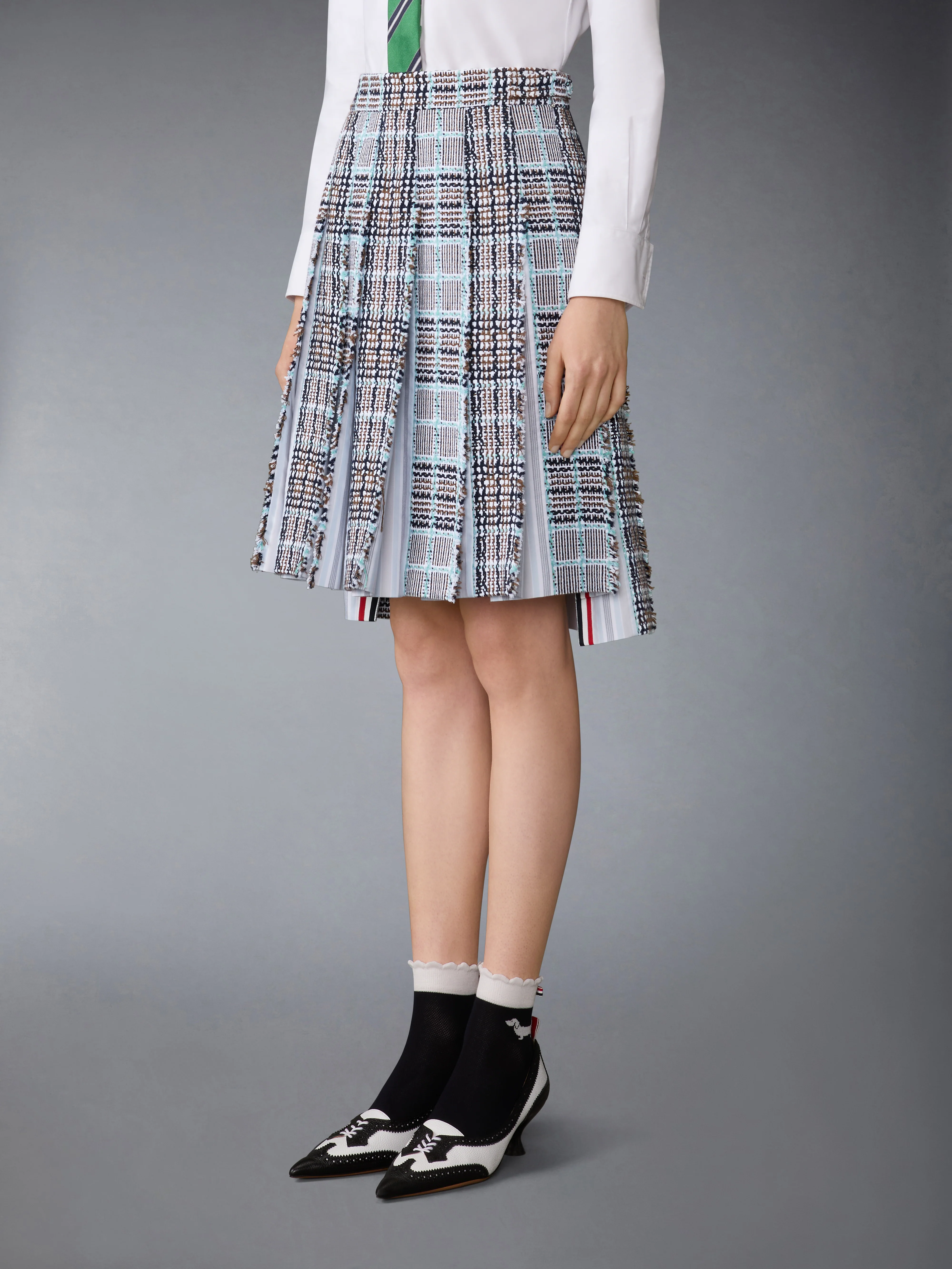 PLAID CHECK SUMMER TWEED FRAYED PLEATED SKIRT - Image 2
