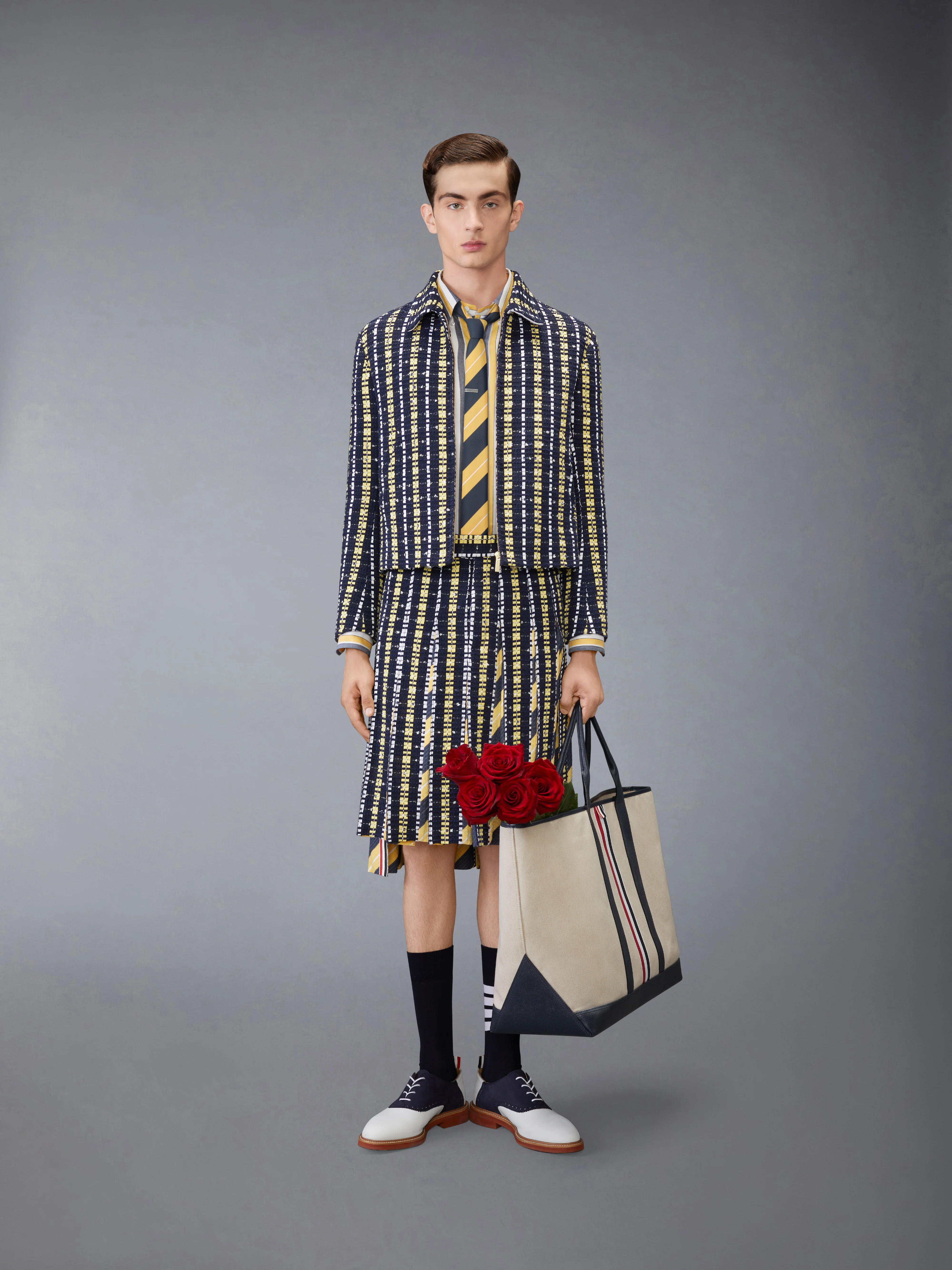 REPP STRIPE GROSGRAIN TWEED PLEATED SKIRT - Image 4
