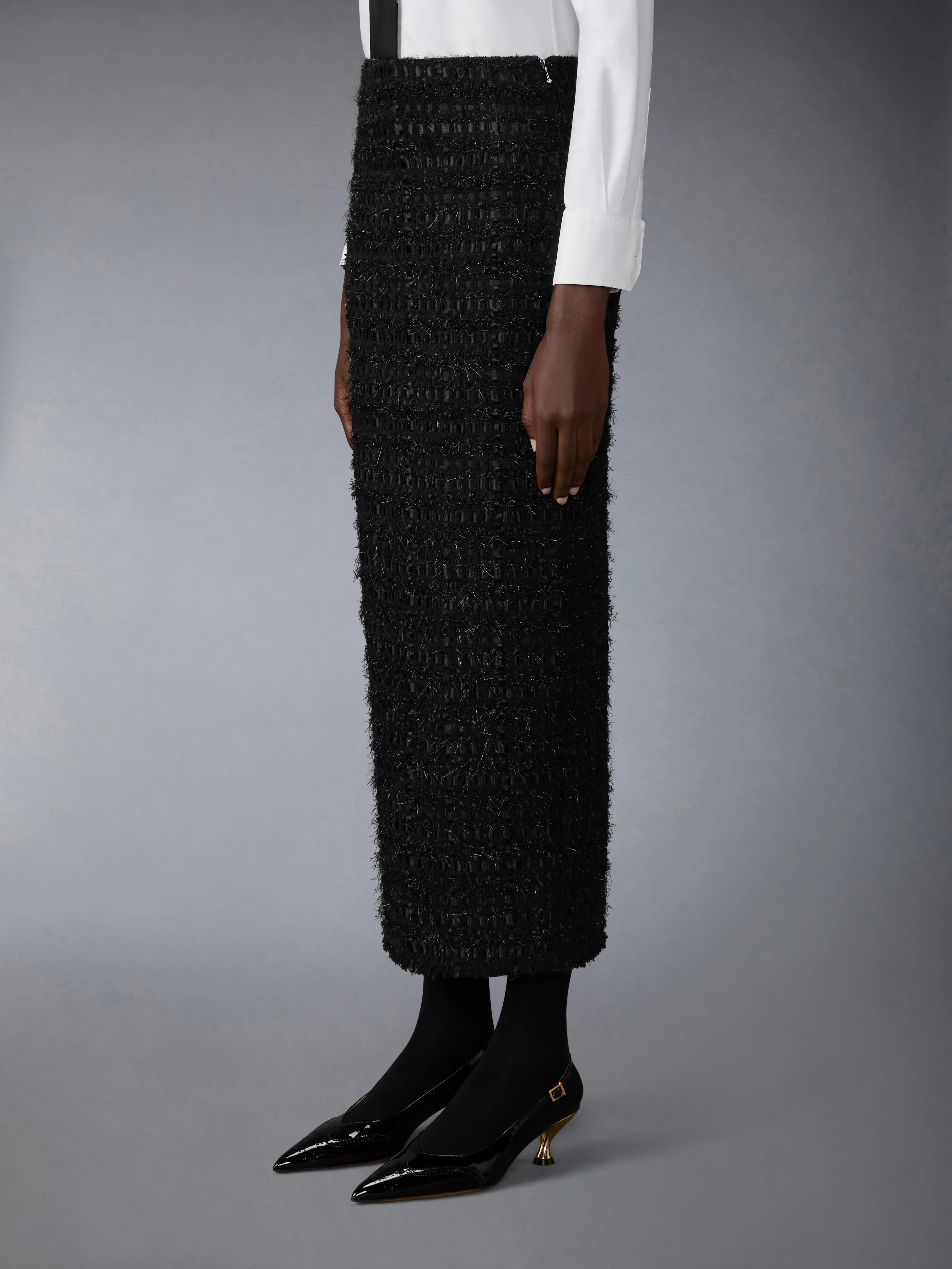 SATIN RIBBON TWEED FRAYED HOBBLE SKIRT - Image 2