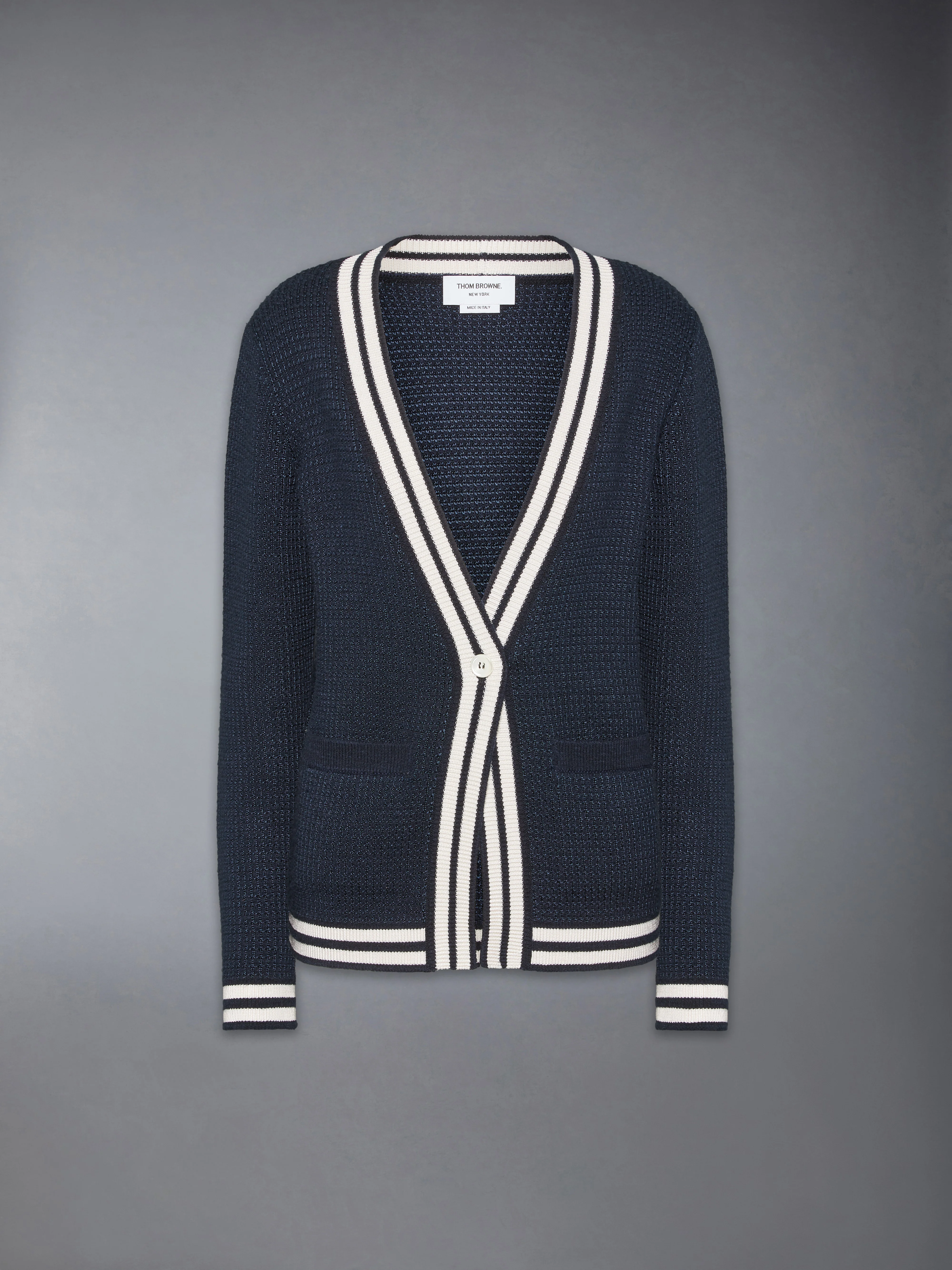 TUCK STITCH SILK CASHMERE & WOOL V NECK CARDIGAN - Image 6